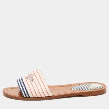 Pre Owned Louis Vuitton White Canvas Lock It Flat Slides Size 36.5