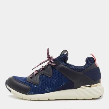 Pre Owned Louis Vuitton Blue/Black Monogram Mesh and Leather Aftergame Sneakers Size 36