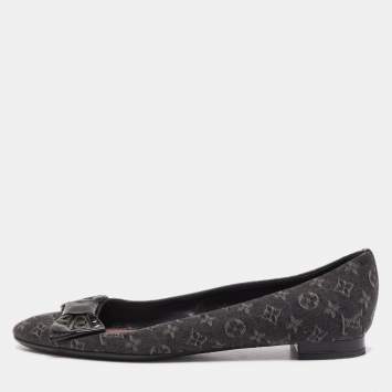 Pre Owned Louis Vuitton Black Monogram Canvas and Patent Leather Bow Ballet Flats Size 37.5