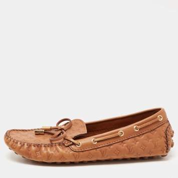 Pre Owned Louis Vuitton Brown Monogram Embossed Leather Gloria Loafers Size 38