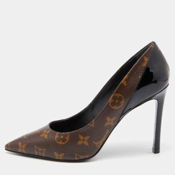 Pre Owned Louis Vuitton Brown/Black Canvas and Patent Leather Pointed Toe Pumps Size 37.5
