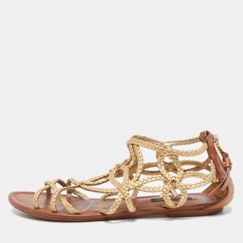 Pre Owned Louis Vuitton Gold Braided Leather Strappy Flat Sandals Size 37