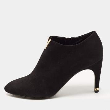 Pre Owned Louis Vuitton Black Suede V Logo Ankle Booties Size 37