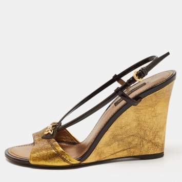 Pre Owned Louis Vuitton Metallic/Brown Leather and Patent Slingback Wedge Sandals Size 37