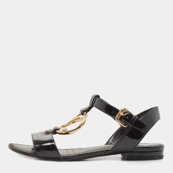 Pre Owned Louis Vuitton Black Patent Leather Logo Ankle Strap Flat Sandals Size 36