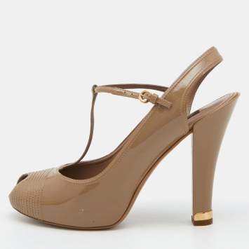 Pre Owned Louis Vuitton Beige Patent Leather Peep Toe T-Strap Slingback Pumps Size 38.5
