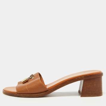 Pre Owned Louis Vuitton Brown Leather Lock It Slide Sandals Size 38