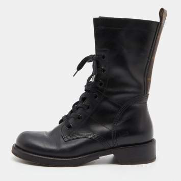 Pre Owned Louis Vuitton Black Leather and Monogram Canvas Lace Up Ankle Boots Size 38