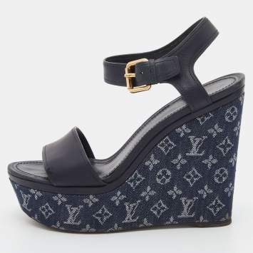 Pre Owned Louis Vuitton Navy Blue Leather and Monogram Denim Waterfall Sandals Size 38.5