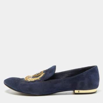 Pre Owned Louis Vuitton Navy Blue Suede Embroidered Smoking Slippers Size 38
