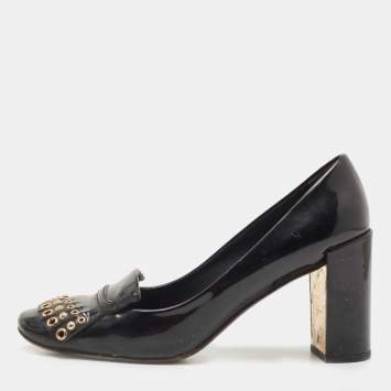 Louis Vuitton Black Patent Leather Studded Fringe Pumps Size 37.5 