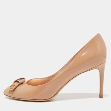 Pre Owned Louis Vuitton Beige Patent Leather Fiance Bow Round Toe Pumps Size 39