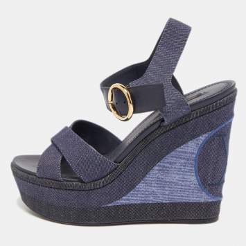 Pre Owned Louis Vuitton Navy Blue Denim Wedge Platform Ankle Strap Sandals Size 41