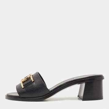 Pre Owned Louis Vuitton Black Leather Lock It Slide Sandals Size 36