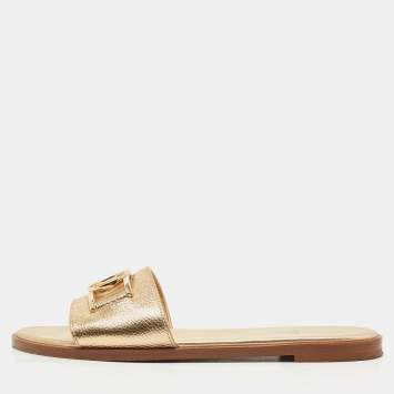 Pre Owned Louis Vuitton Gold Foil Leather Flat Slides Size 38.5