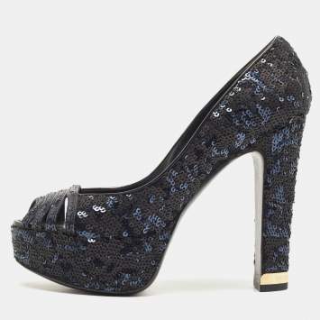 Pre Owned Louis Vuitton Navy Blue/Black Sequins Peep Toe Platform Pumps Size 37