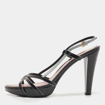 Pre Owned Louis Vuitton Black/Pale Blue Leather Strappy Slingback Sandals Size 37.5