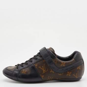 Pre Owned Louis Vuitton Brown/Black Monogram Canvas and Leather Lace Up Sneakers Size 39