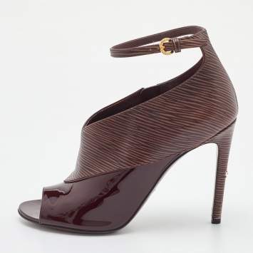 Pre Owned Louis Vuitton Bordeaux Epi Leather and Patent Open Toe Ankle Strap Booties Size 38