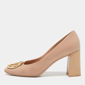 Pre Owned Louis Vuitton Beige Leather and Patent Madeleine Block Heel Pumps Size 39
