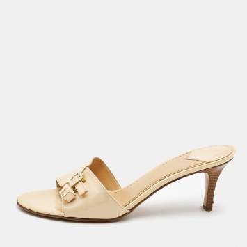Pre Owned Louis Vuitton Beige Patent Leather LV Dice Slide Sandals Size 41