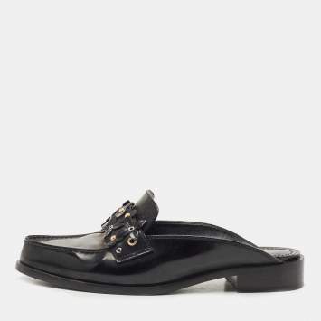 Pre Owned Louis Vuitton Black Leather Studded Flower Applique Mules Size 37.5