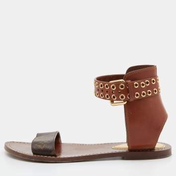 Pre Owned Louis Vuitton Brown Monogram Canvas and Leather Passenger Flat Sandals Size 38