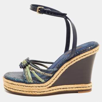 Pre Owned Louis Vuitton Navy Blue/Green Snakeskin and Patent Leather Wedge Strappy Sandals Size 37