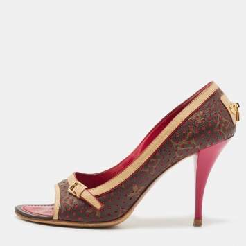 Pre Owned Louis Vuitton Brown Monogram Canvas and Leather Peep Toe Pumps Size 37