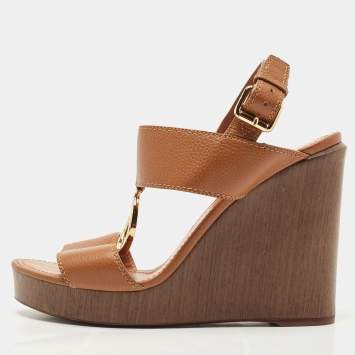 Pre Owned Louis Vuitton Brown Leather Vedette Wedge Sandals Size 39
