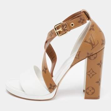 Pre Owned Louis Vuitton White/Brown Monogram Canvas and Leather Matchmake Ankle Strap Sandals Size 39