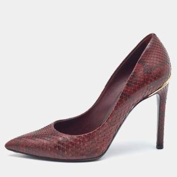 Pre Owned Louis Vuitton Burgundy Python Leather Slip On  Pumps Size 34.5