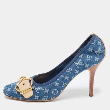 Pre Owned Louis Vuitton Navy Blue Denim and Leather Pumps Size 38.5