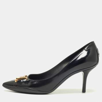 Pre Owned Louis Vuitton Black Leather Logo Pointed Toe Pumps Size 37