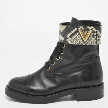 Pre Owned Louis Vuitton Black/Beige Leather and Python Wonderland Flat Ranger Boots Size 37