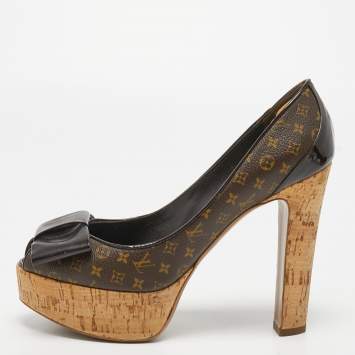 Pre Owned Louis Vuitton Brown Monogram Canvas and Patent Leather Cork Platform Pumps Size 37.5
