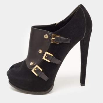 Pre Owned Louis Vuitton Black Suede and Leather  Peep Toe Booties Size 39 