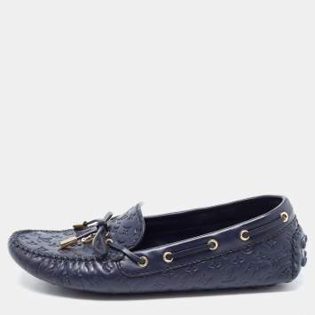 Pre Owned Louis Vuitton Navy Blue Leather Gloria Bow Slip On Loafers Size 39