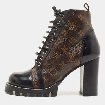 Pre Owned Louis Vuitton Black/Brown Leather and Monogram Canvas Star Trail Ankle Boots Size 40