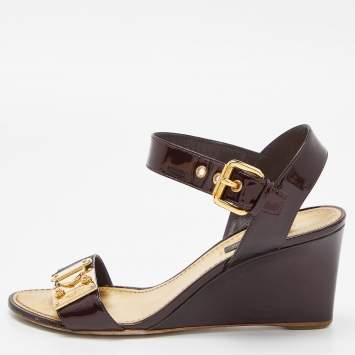 Pre Owned Louis Vuitton Burgundy Patent Leather Wedge Ankle Strap Sandals Size 37