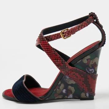 Pre Owned Louis Vuitton Dark Red/Navy Blue Snakeskin and Velvet Cross Ankle Strap Wedge Sandals Size 38
