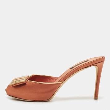 Pre Owned Louis Vuitton Brown Satin Embellished Peep Toe Slide Sandals Size 38