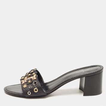 Pre Owned Louis Vuitton Black Leather Embellished Applique Slide Sandals Size 39