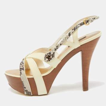 Pre Owned Louis Vuitton Cream Patent Python Embossed Leather Slingback Sandals Size 38