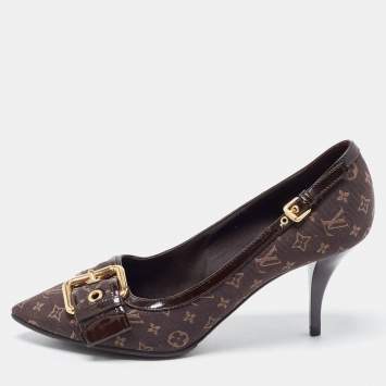 Pre Owned Louis Vuitton Brown Monogram Canvas and Patent Leather Buckle Pumps Size 36