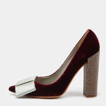 Pre Owned Louis Vuitton Burgundy/Grey Velvet and Satin Bow Crystal Embellished Block Heel Pumps Size 40