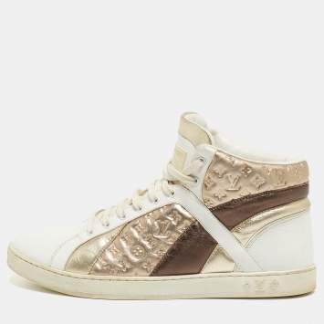Pre Owned Louis Vuitton Metallic/White Leather and Canvas High Top Sneakers Size 38