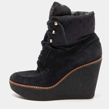 Pre Owned Louis Vuitton Black Suede and Monogram Fabric Wedge Ankle Boots Size 38.5