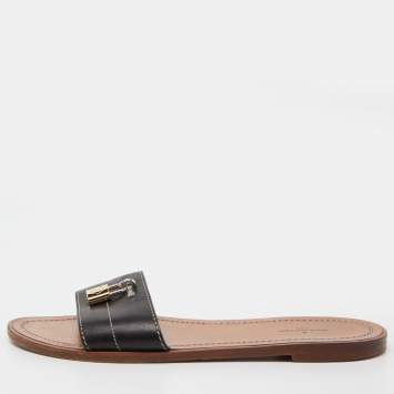 Pre Owned Louis Vuitton Black Leather Lock It Flat Slides Size 38