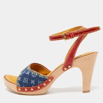 Pre Owned Louis Vuitton Blue/Red Leather and Monogram Denim Ankle Strap Sandals Size 36.5